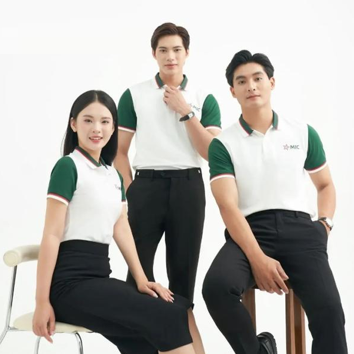 Áo polo đồng phục xanh trắng MIC
